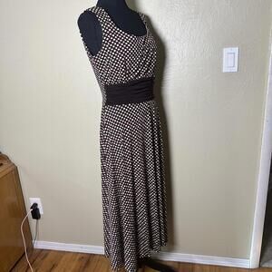 90s Polka Dot Stretch Knit Midi Dress Sleeveless Brown Pink Y2K Casual Rom Com